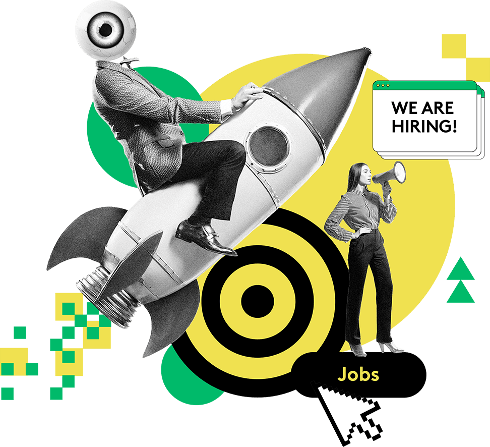Collage: Rakete, Zielscheibe, Megafon und Schild „We are hiring!“
