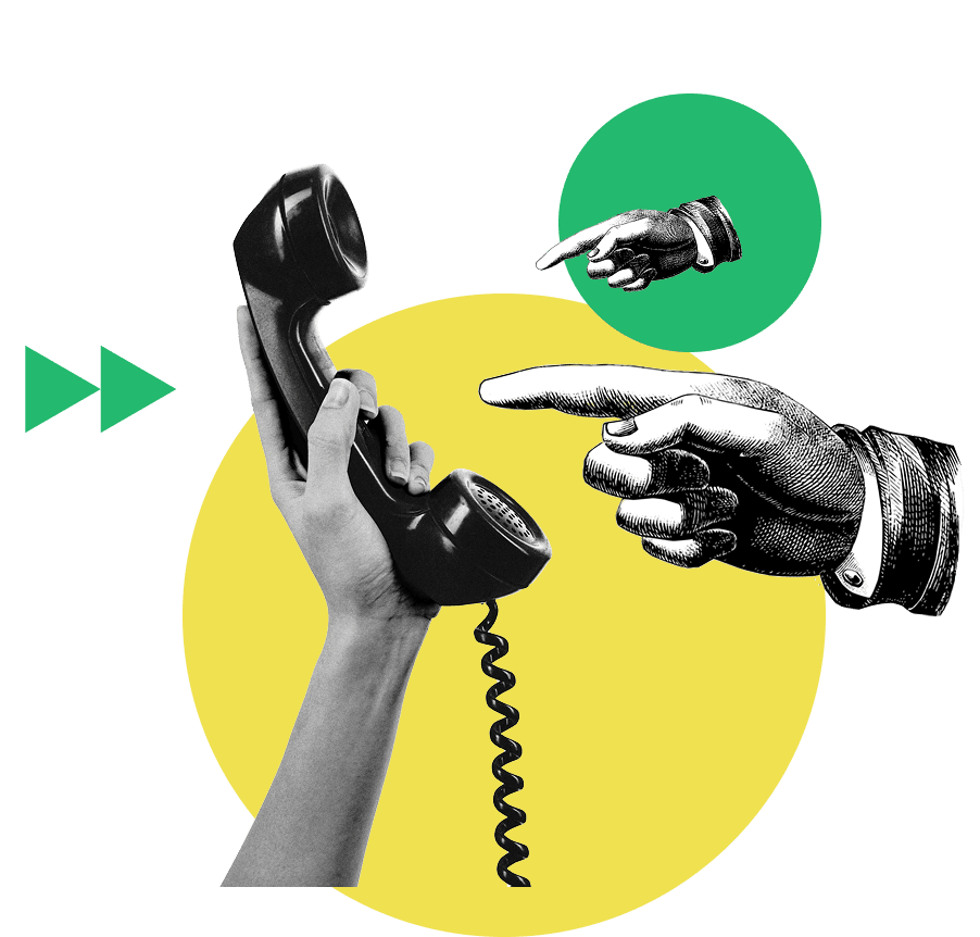 Collage: Hand mit Telefonhörer und zeigende Hand